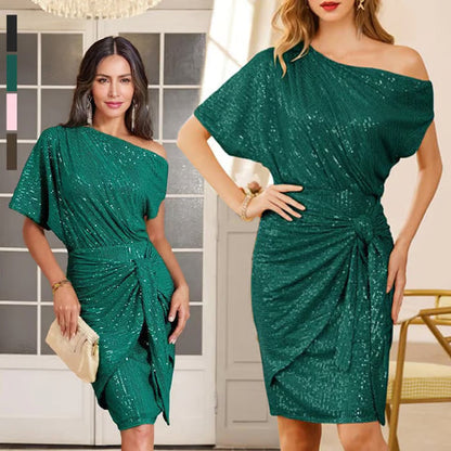 💃60% OFF! ✨ Sparkling One-Shoulder Ruffle Dress - Stretchy Glitter Fabric for a Show-Stopping Party Look 🌟🎉