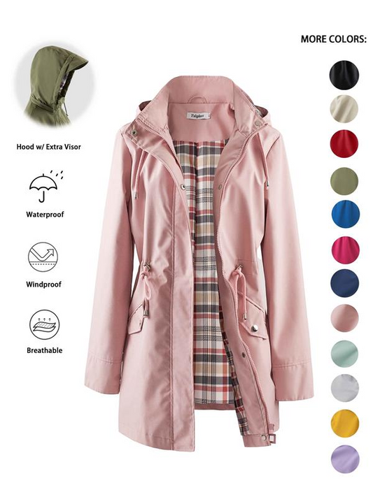 💖LAST DAY SALE 70% OFF🧥Women's Solid-Color Hooded Windbreaker Jacket🍃Drawstring Waist, Zip & Button Closure, Waterproof Long-Sleeve Casual Outerwear Coat for Spring & Fall