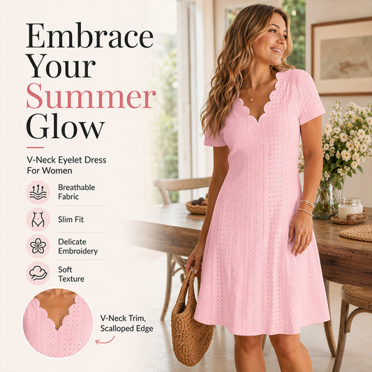 💖LAST DAY SALE ONLY ￡14.99!! 👗Top Pick - V-Neck Eyelet Dress with Scallop Trim – Lightweight & Romantic for Garden Parties or Brunch 🌿