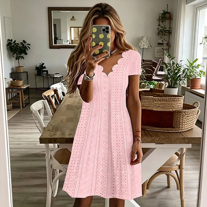 💖LAST DAY SALE ONLY ￡14.99!! 👗Top Pick - V-Neck Eyelet Dress with Scallop Trim – Lightweight & Romantic for Garden Parties or Brunch 🌿